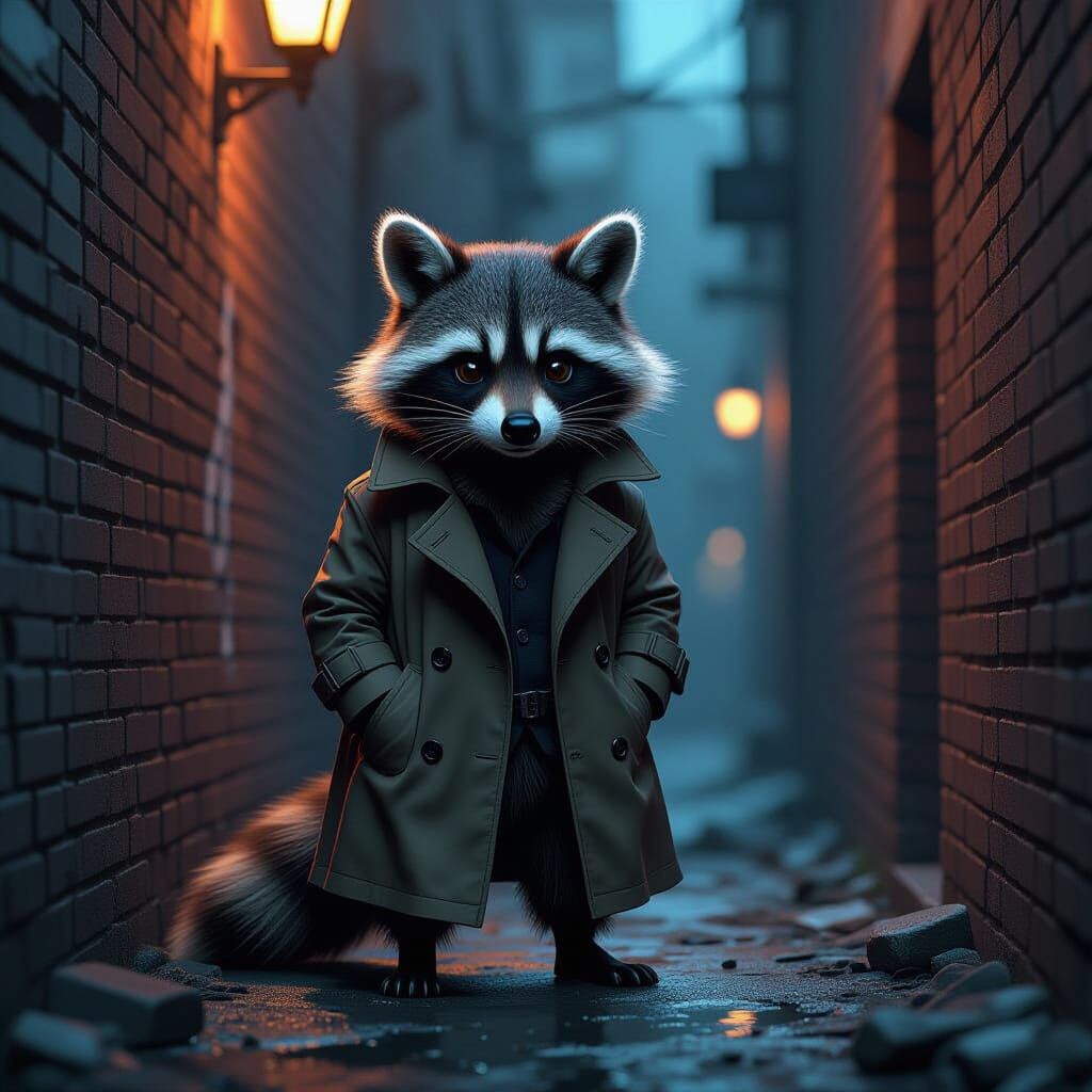 Raccoon Detective Investigates Noir Crime Scene