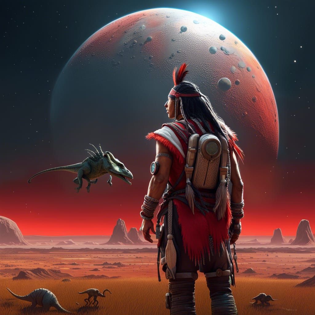 Native American and Dinosaurs with Lunar Lander