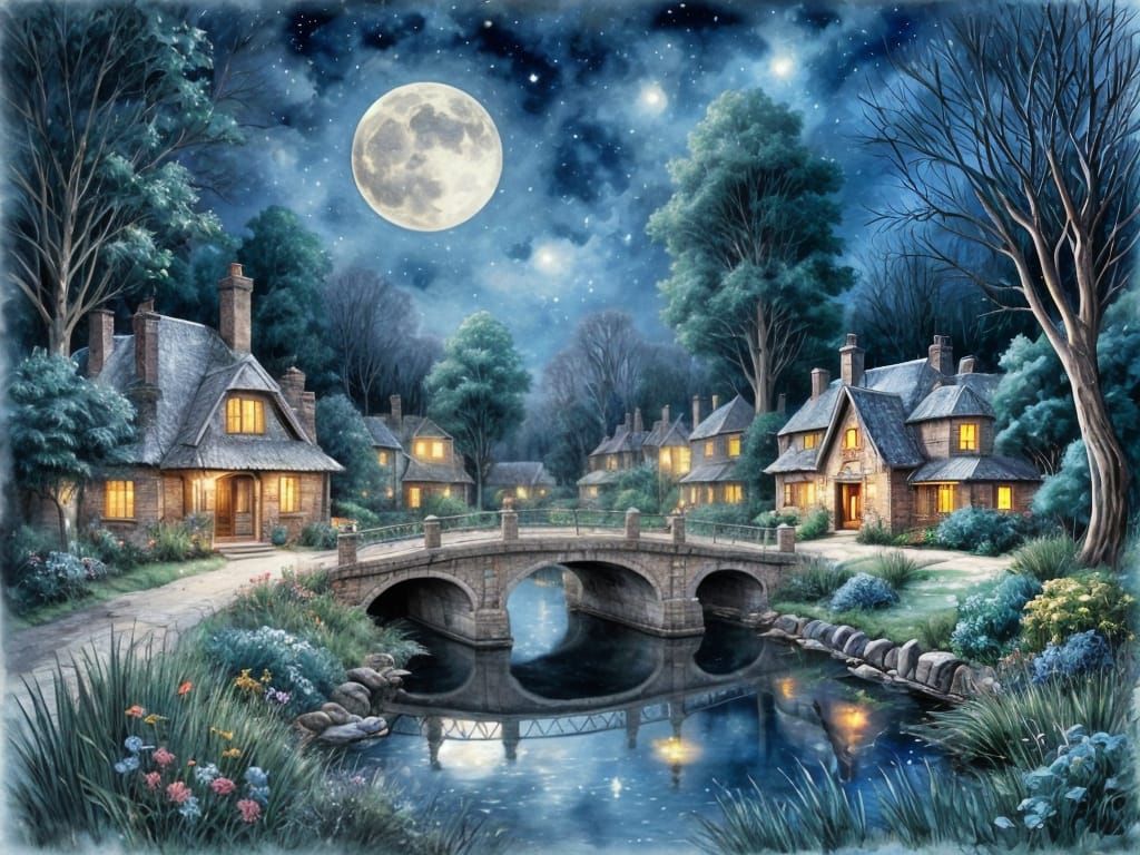 Surreal Watercolor Bridge Scene Under Antique Blue Moonlight