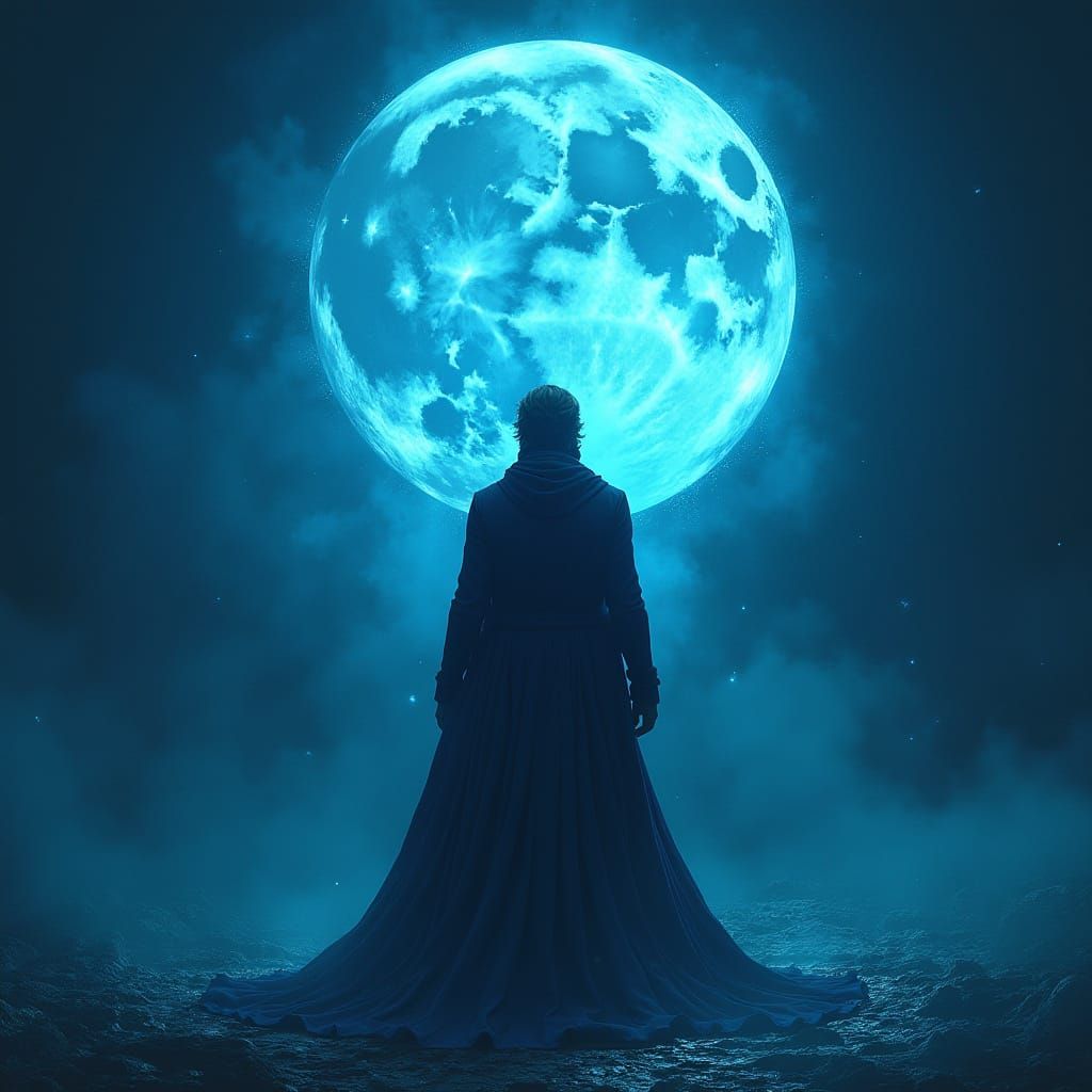Mystical Figure Under Blue Moon in Art Nouveau Style