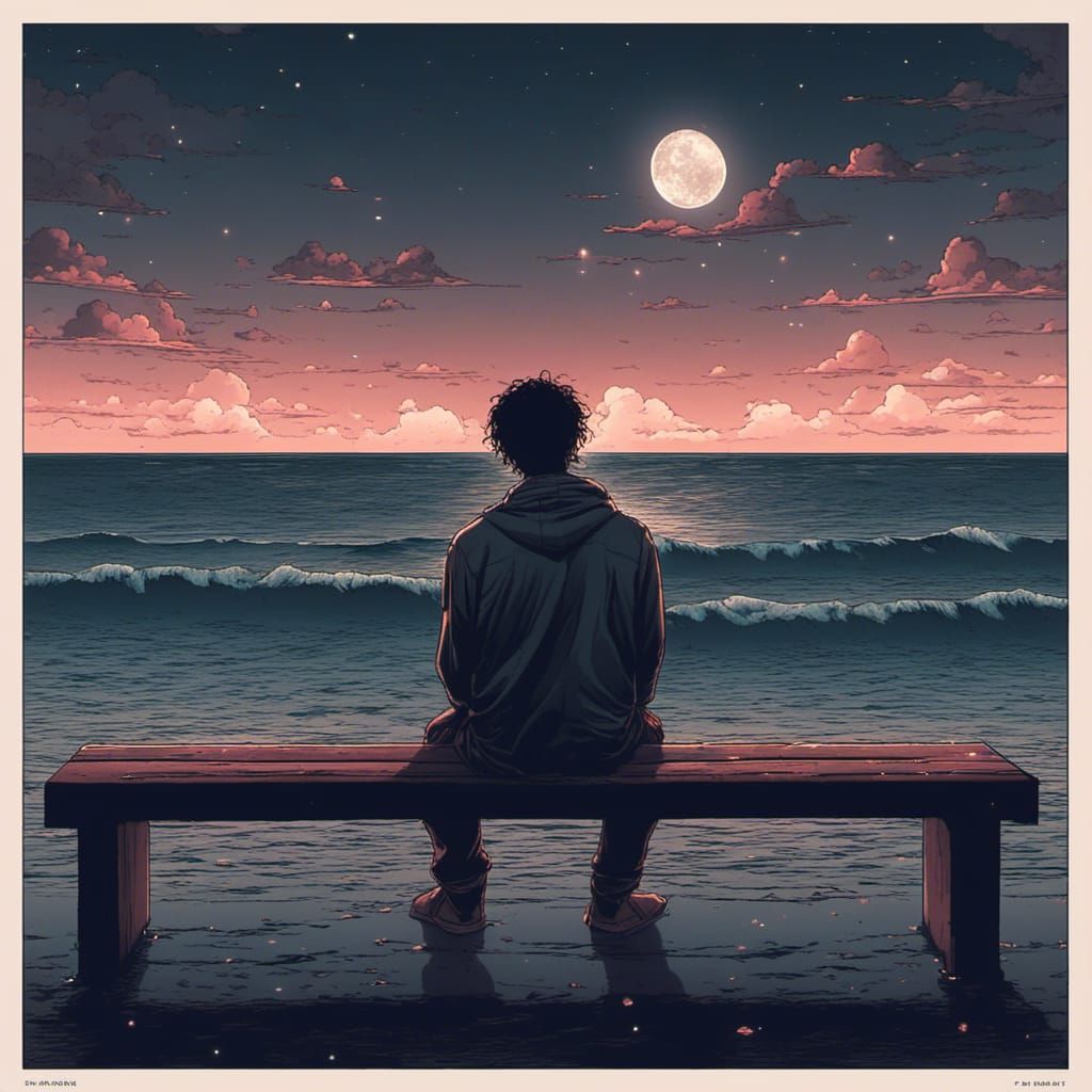 Lonely Man on Bench at Night by the Ocean