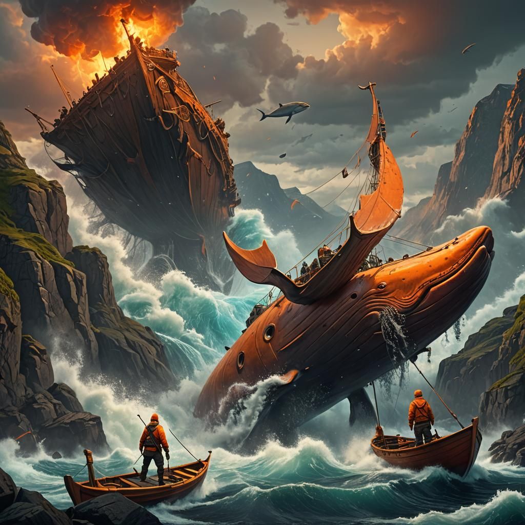 Norwegian Fisherman and Giant Orange Whale: Epic Fantasy Art