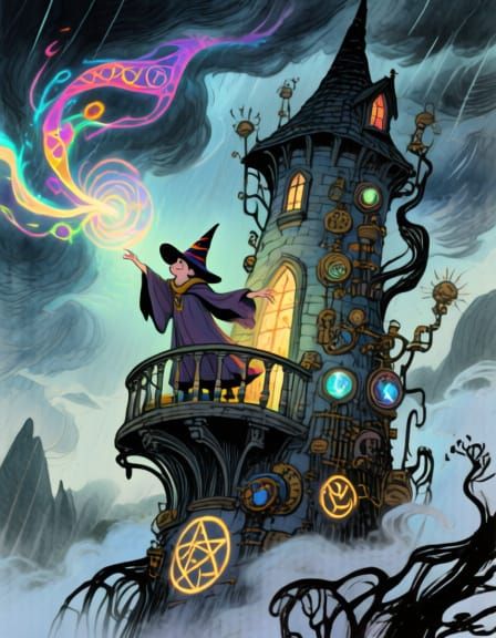 Wizard Summons Magic Energy from Stormy Sky