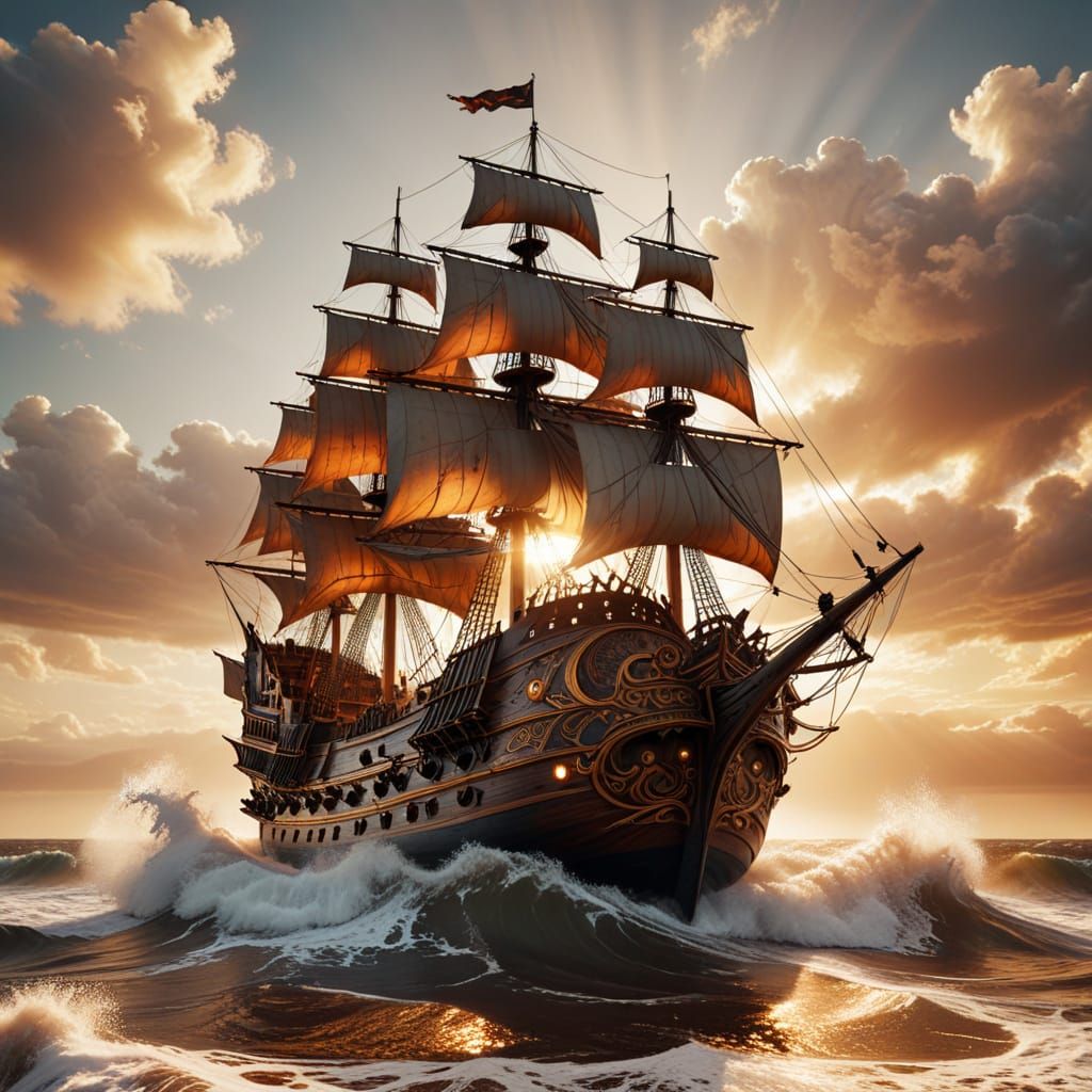 A grand and powerful galleon sailing on high seas