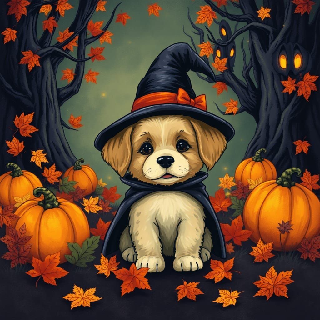 Halloween Puppy in Whimsical Haunted Forest