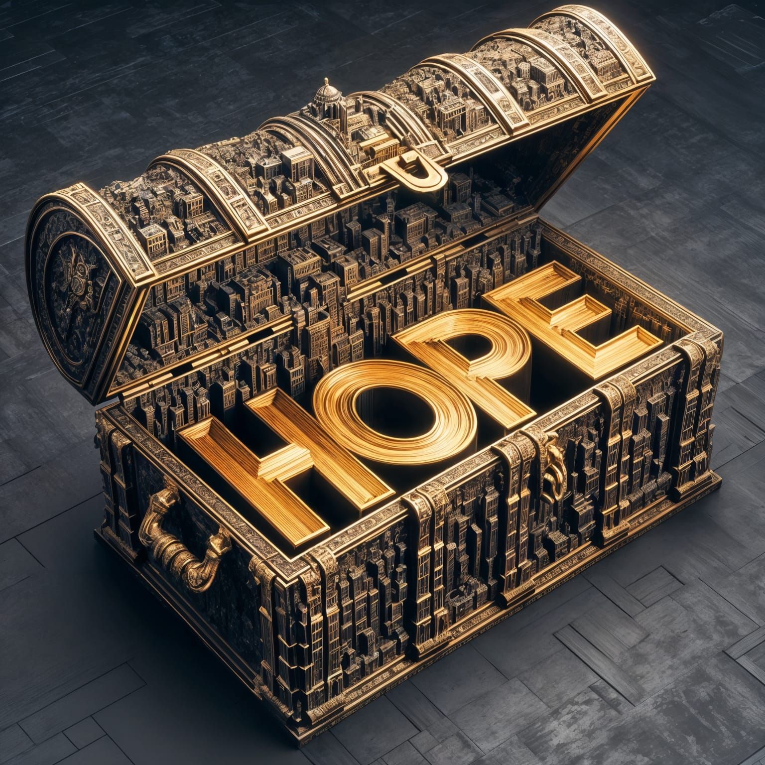 Treasure Chest Cityscape with Golden Hope