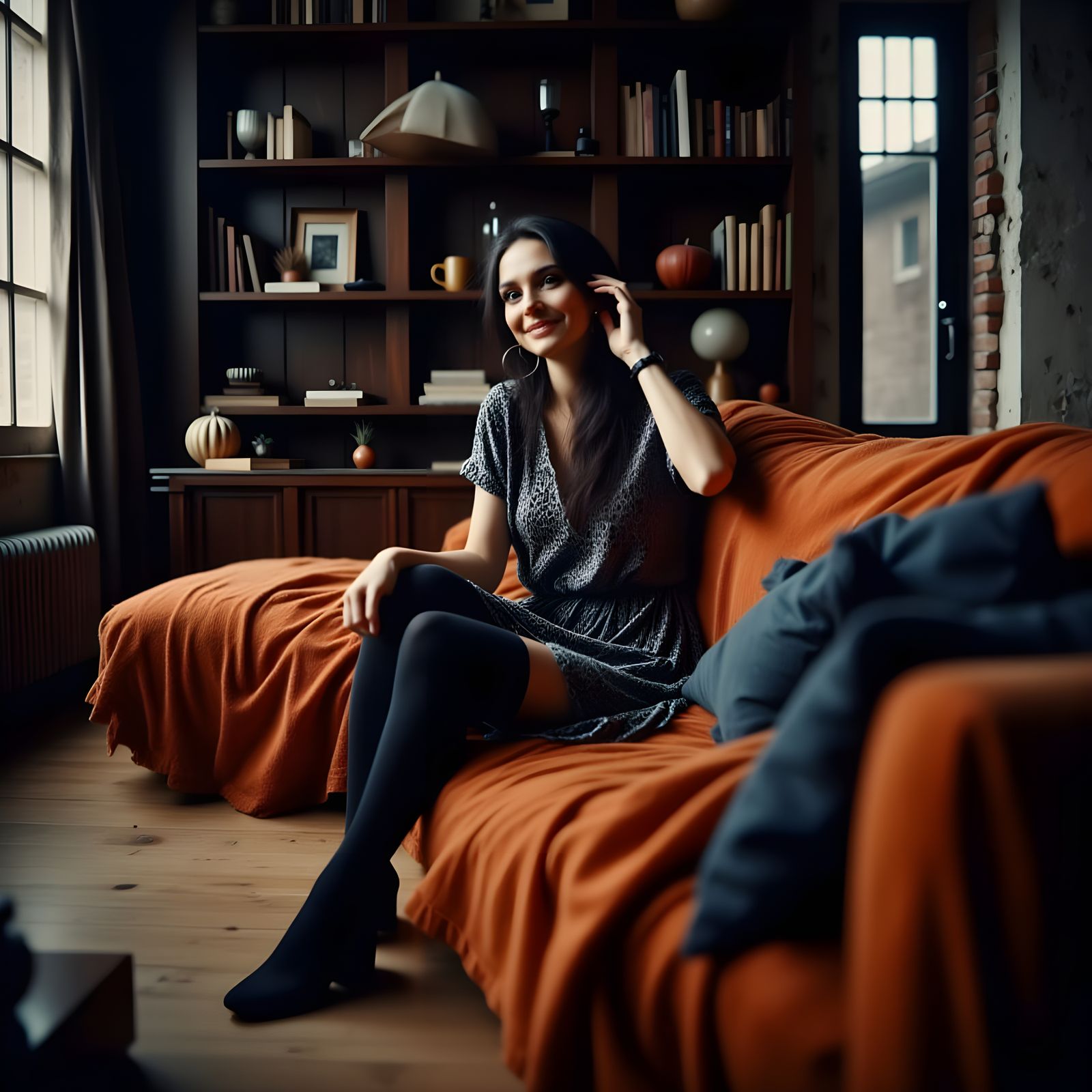 Surreal Woman in a Cozy Living Room Scene, Contemporary Art