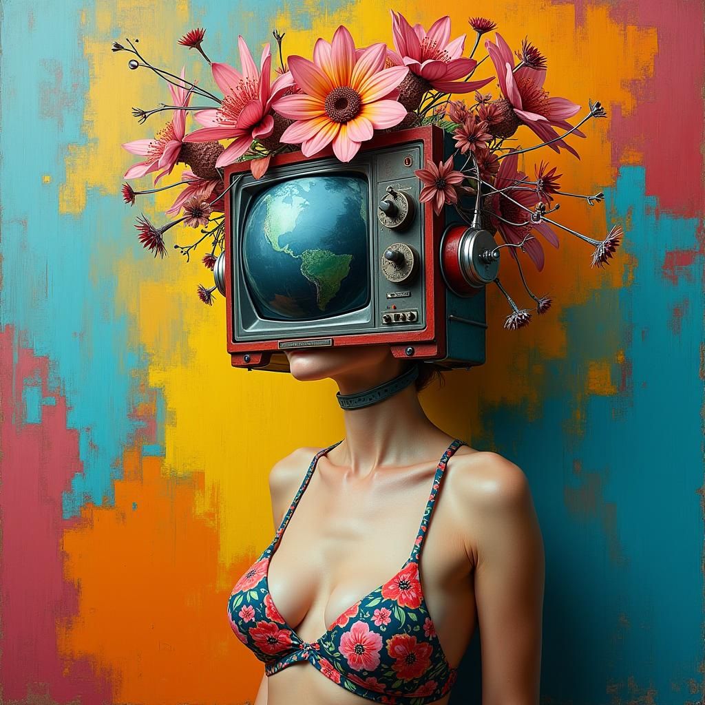 Woman with TV Face in Expressionist Pop Art Style