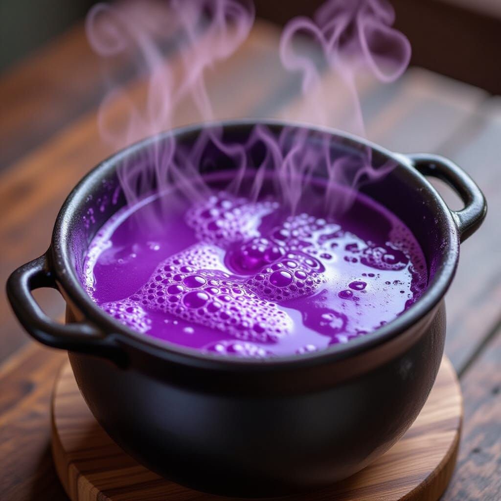 Cauldron filled with a boiling purple liquid 88
