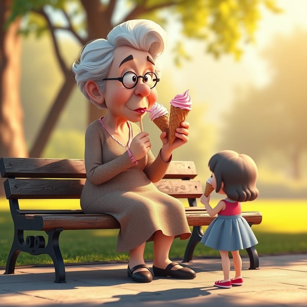 Cartoon Old Lady's Ice Cream Dream: 3D Digital Art