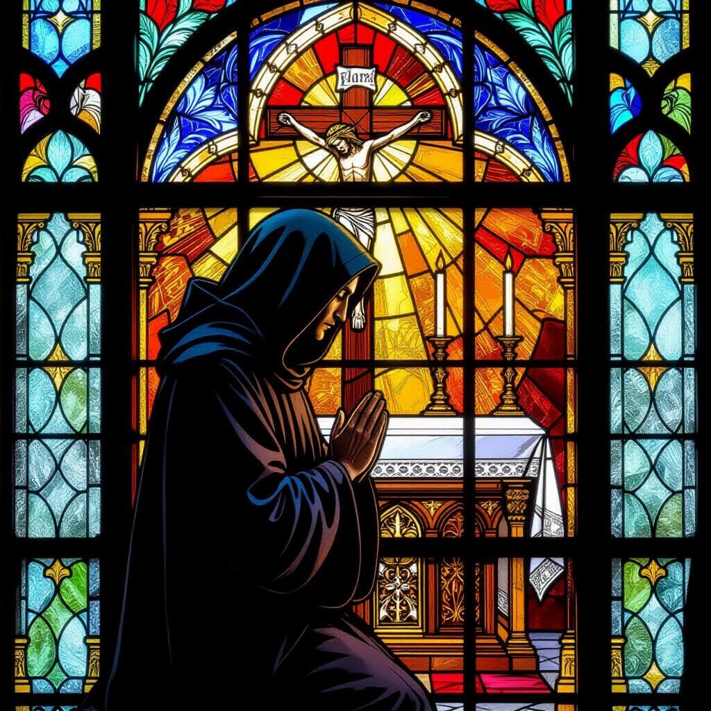 Hooded Monk Praying Before Altar in Stained Glass Style