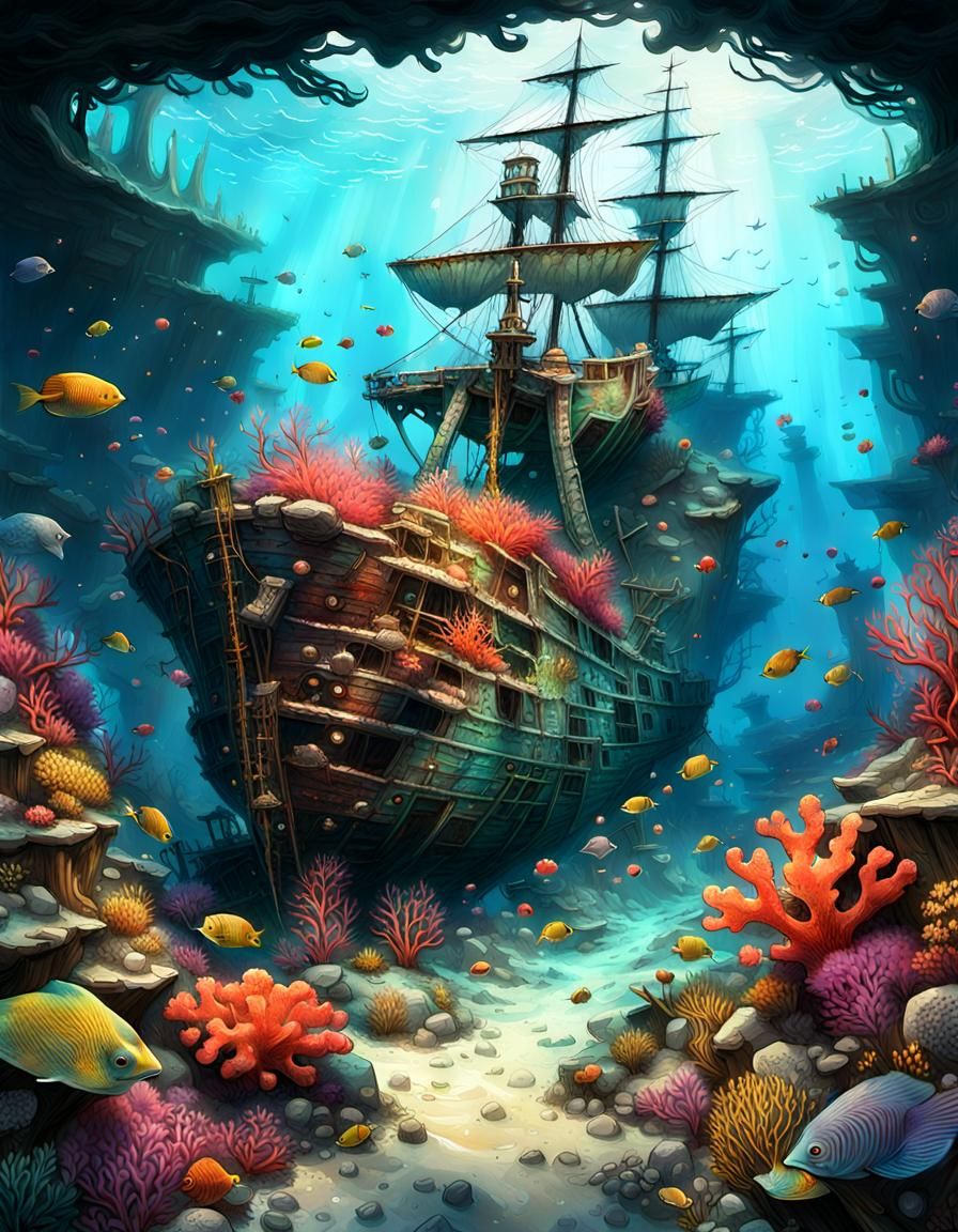 Colorful Coral Reef and Pirate Shipwreck