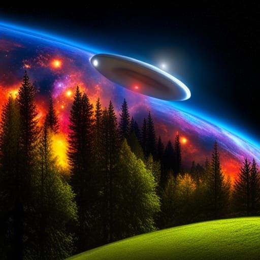 Photorealistic UFO Hovering Under Nebula Sky