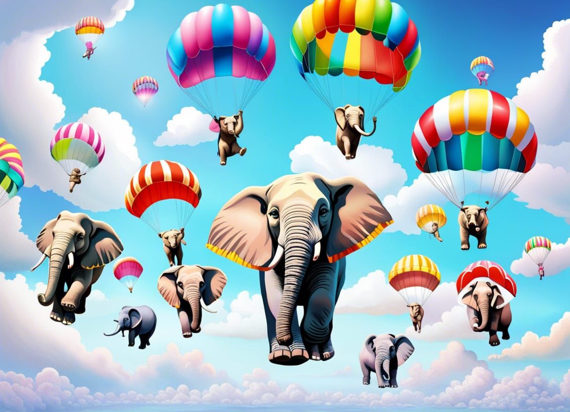 Elephants Skydiving with Multicolored Parachutes in Animated...