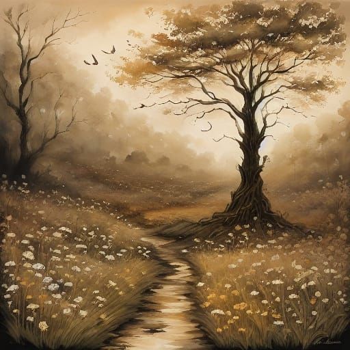 Dreamy Evening Moor Scene with Twisted Trees and Wildflowers