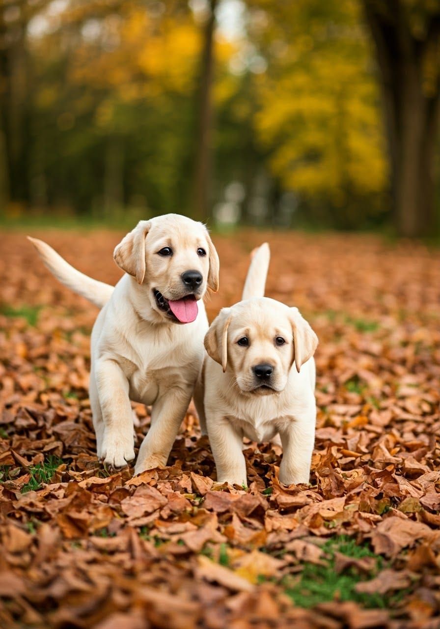 Golden Lab Puppies Playing in Fall Leaves