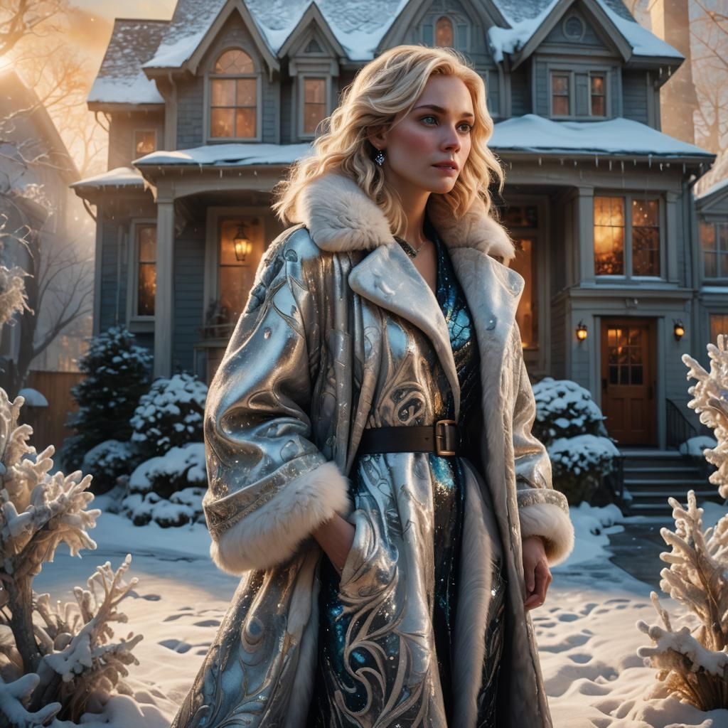 Woman in Fur Coat Outside New England House