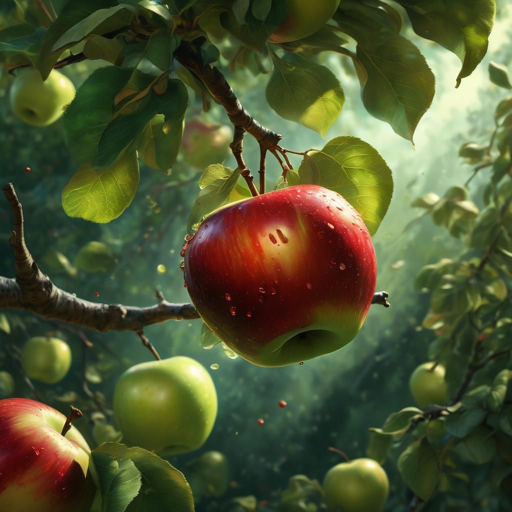 Hyperrealistic Apple Falling: Oil Painting Style