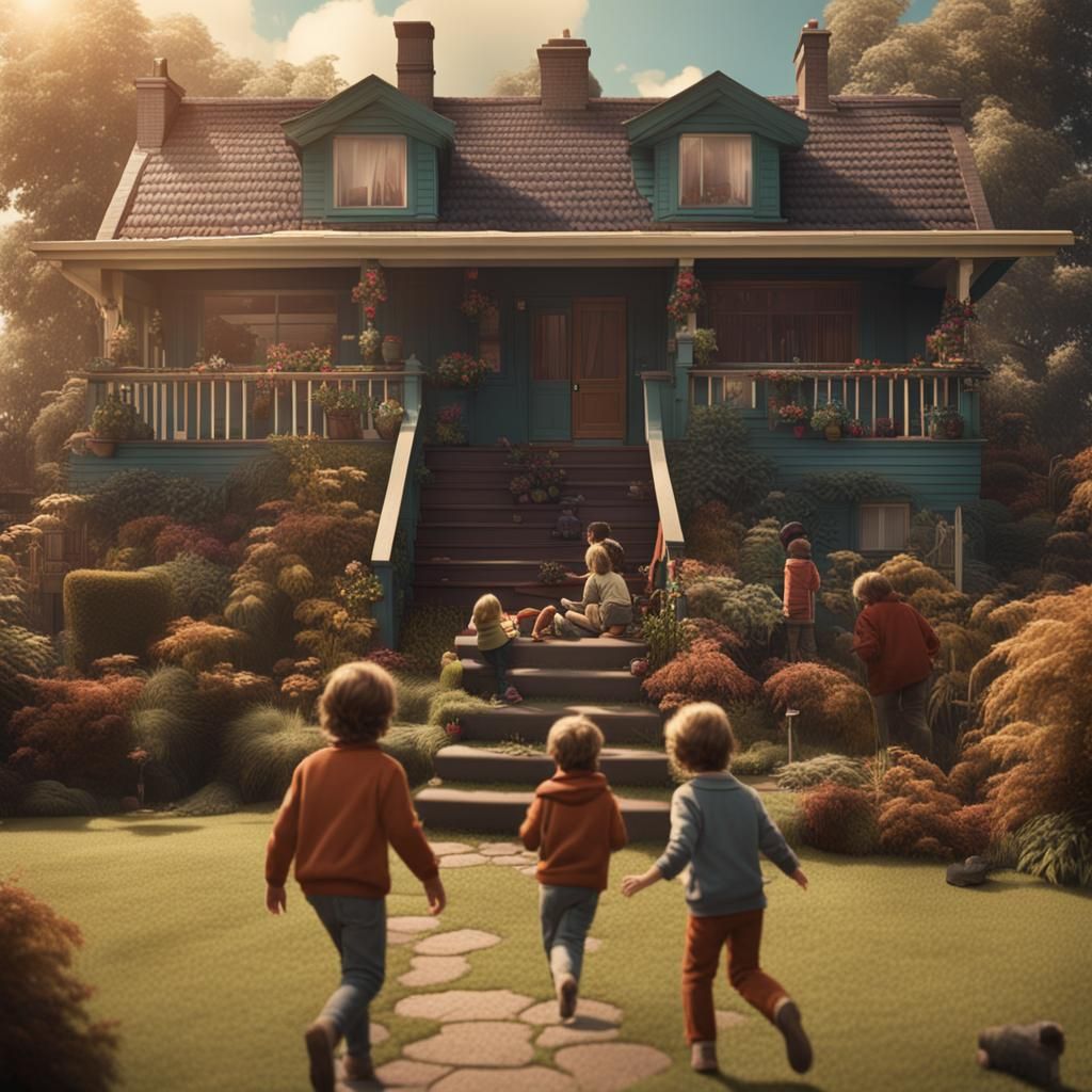 1970s Suburban Home: Kids Playing Outside