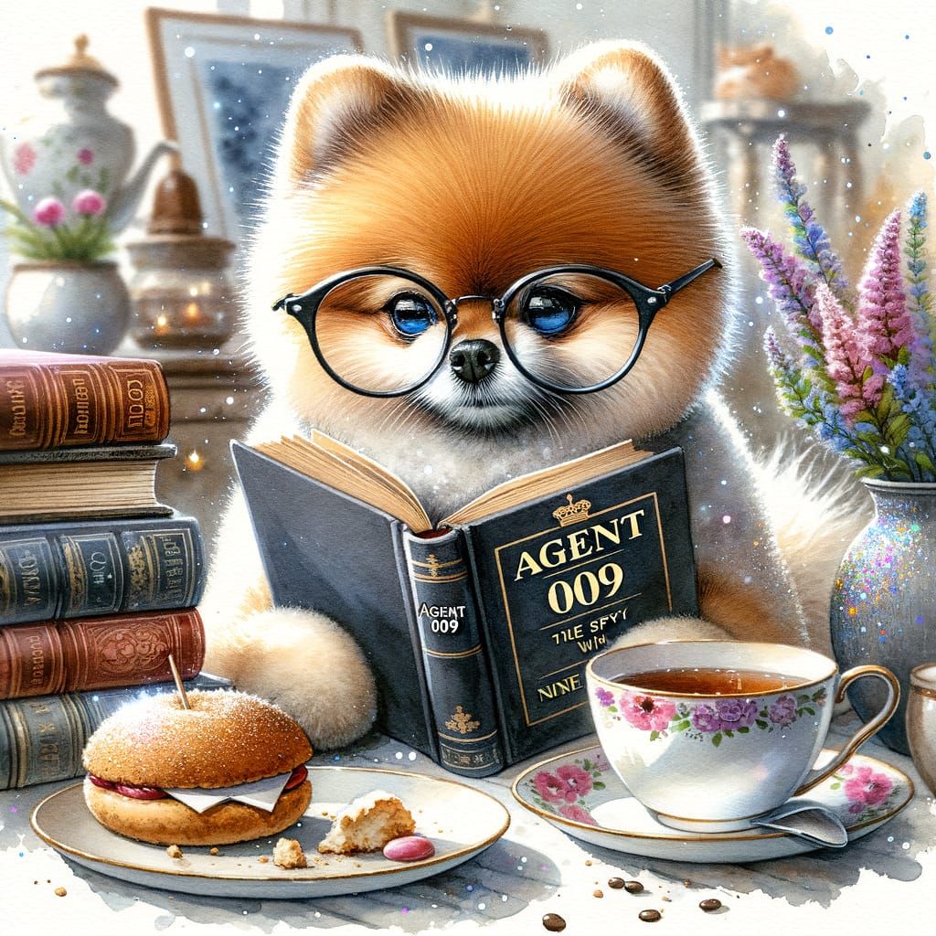 Pomeranian Agent 009 in English Watercolor Style