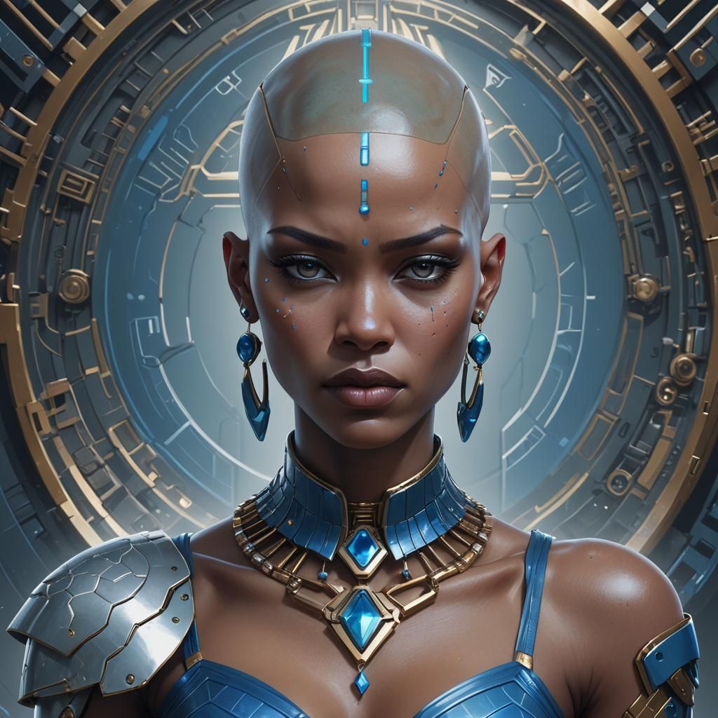 Crying Android Character Portrait in Afrofuturistic Style