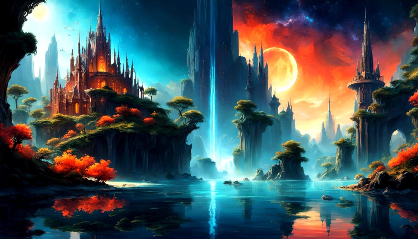 Floating Island City Amidst Galactic Splendor
