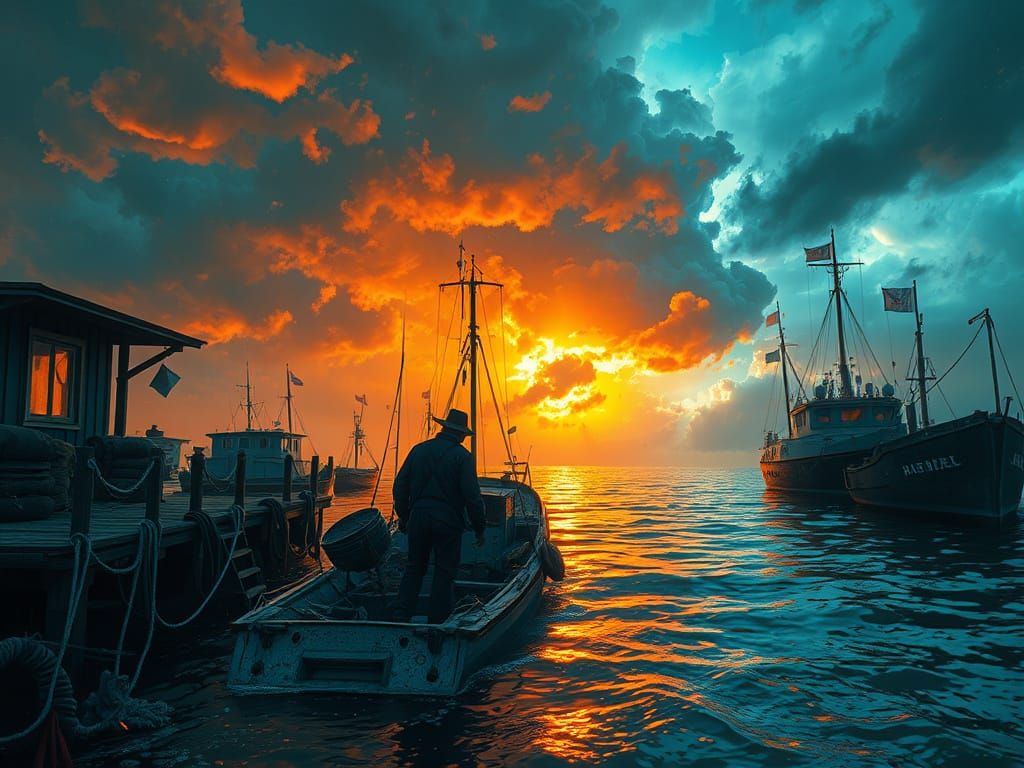 Fisherman Returns to Harbor Under Triadic Storm