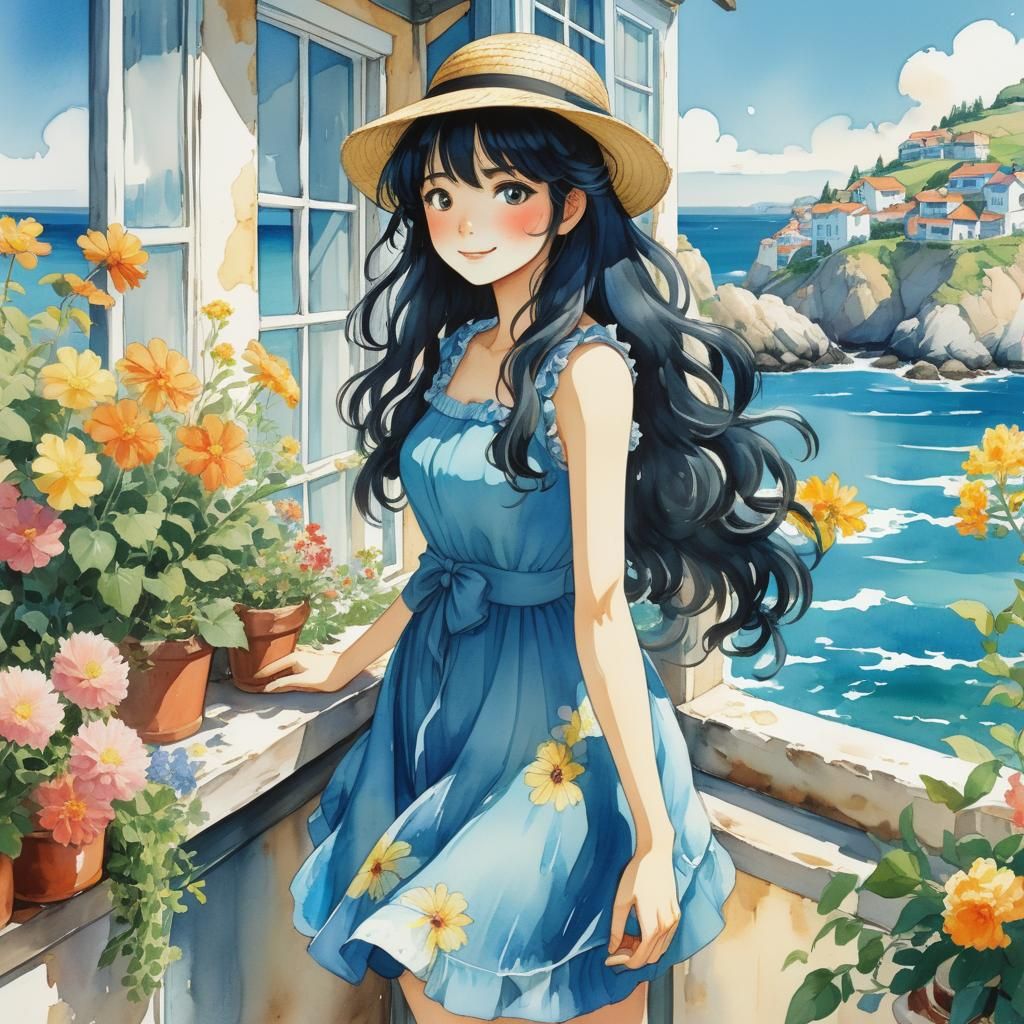 Anime Girl in Blue Dress, Coastal Street Scene