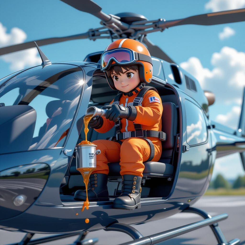 Boy Hijacks Helicopter with Compote, in Anime Style