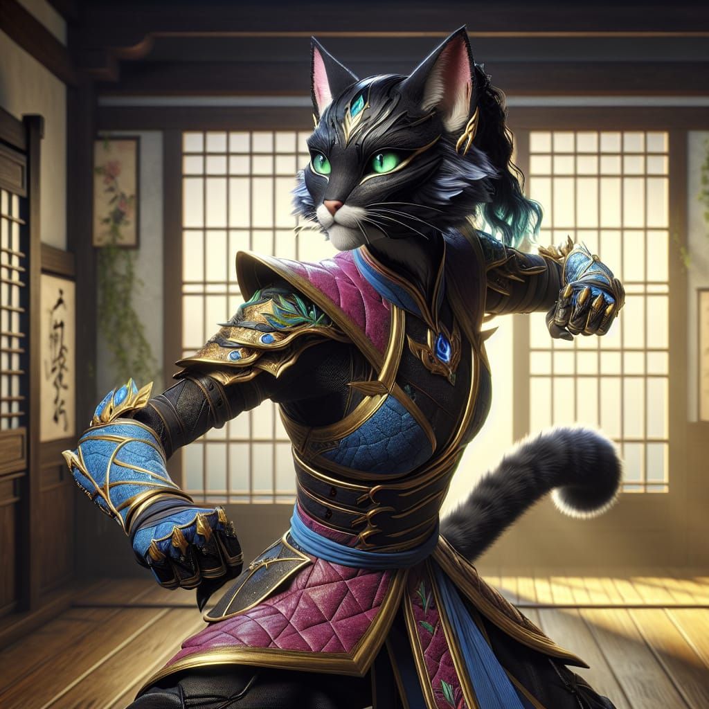 Cat-like Woman Practicing Kata in Dojo