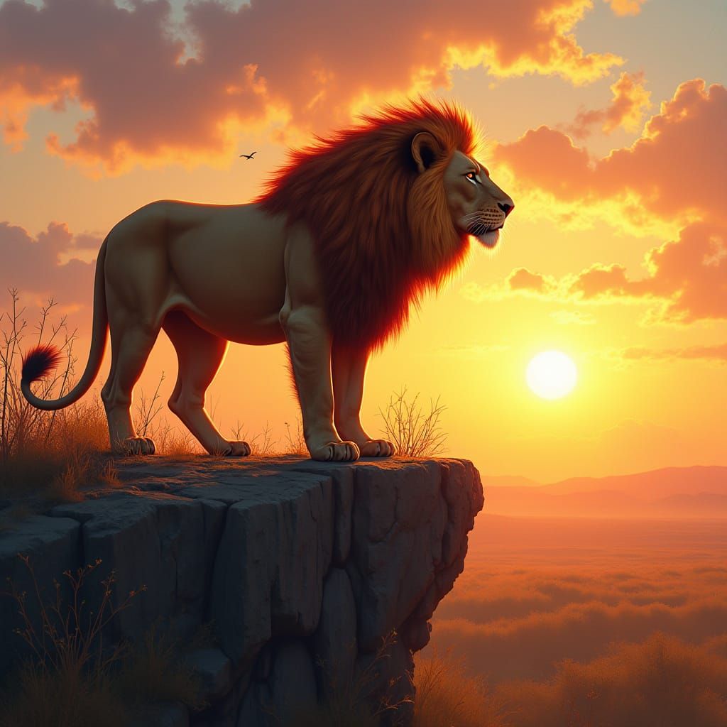 Majestic Lion Overlooking Savanna in Hyperrealistic Style