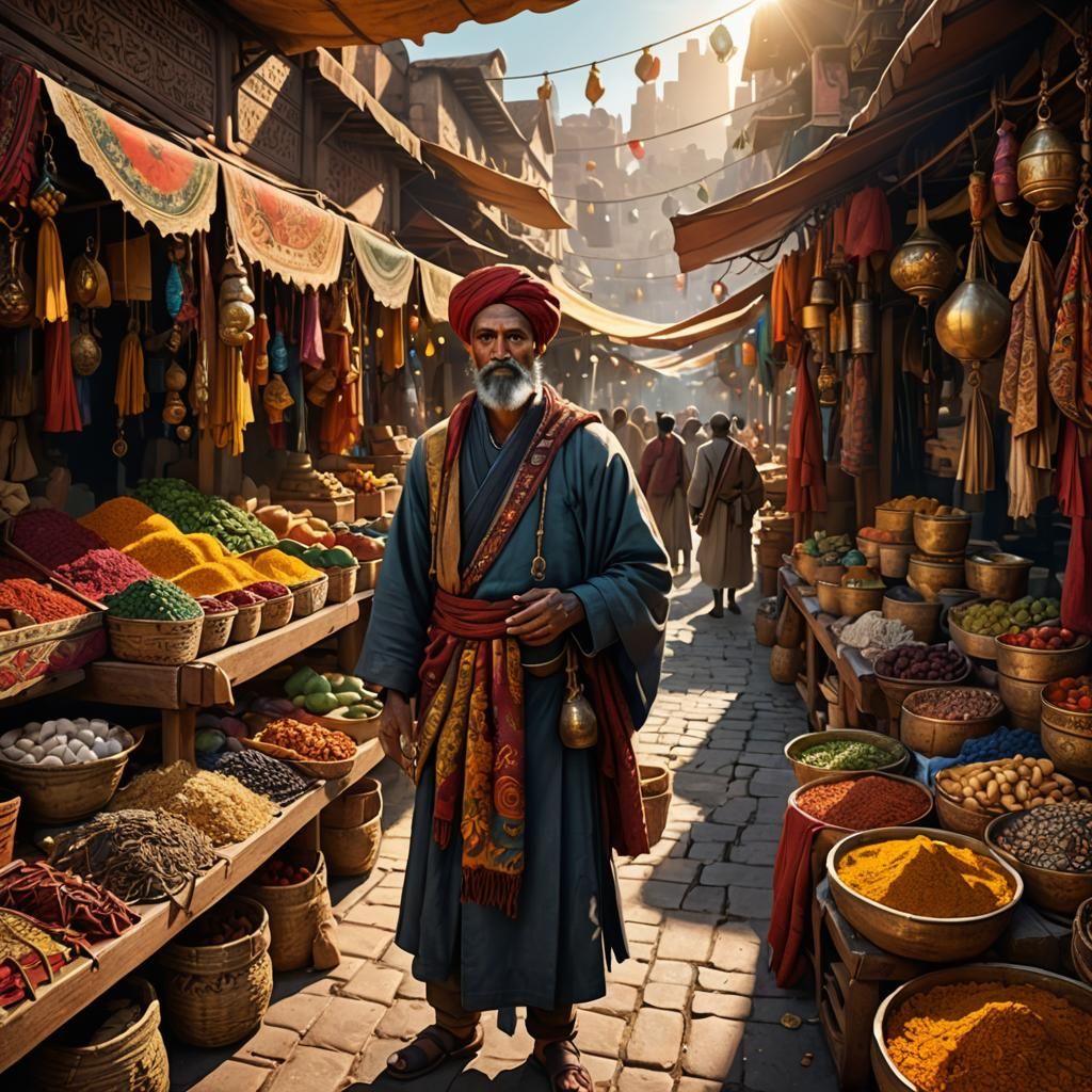 Merchant at a Bustling Market Stall Concept Art
