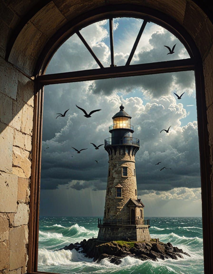 Steampunk Lighthouse Interior with Van Gogh Waves