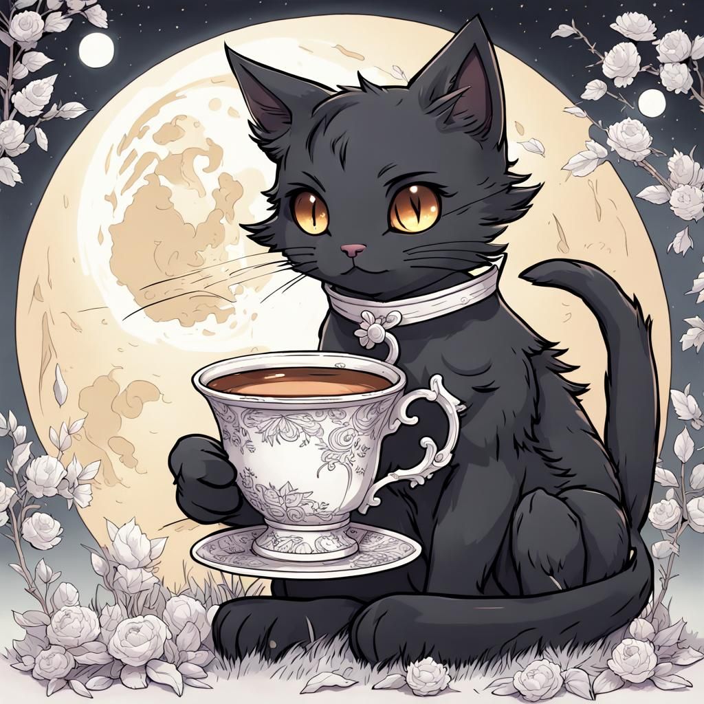 Fierce Black Cat Coloring Page Under Moonlight
