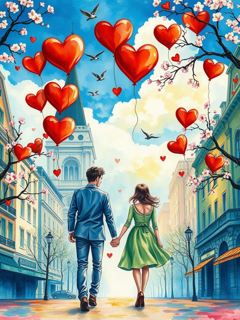 Whimsical City Stroll in Soft Watercolors