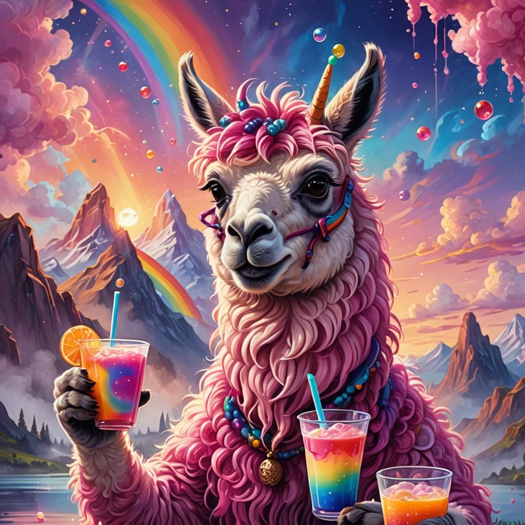 Pink Llama Sipping Boba Tea: Whimsical Oil Painting