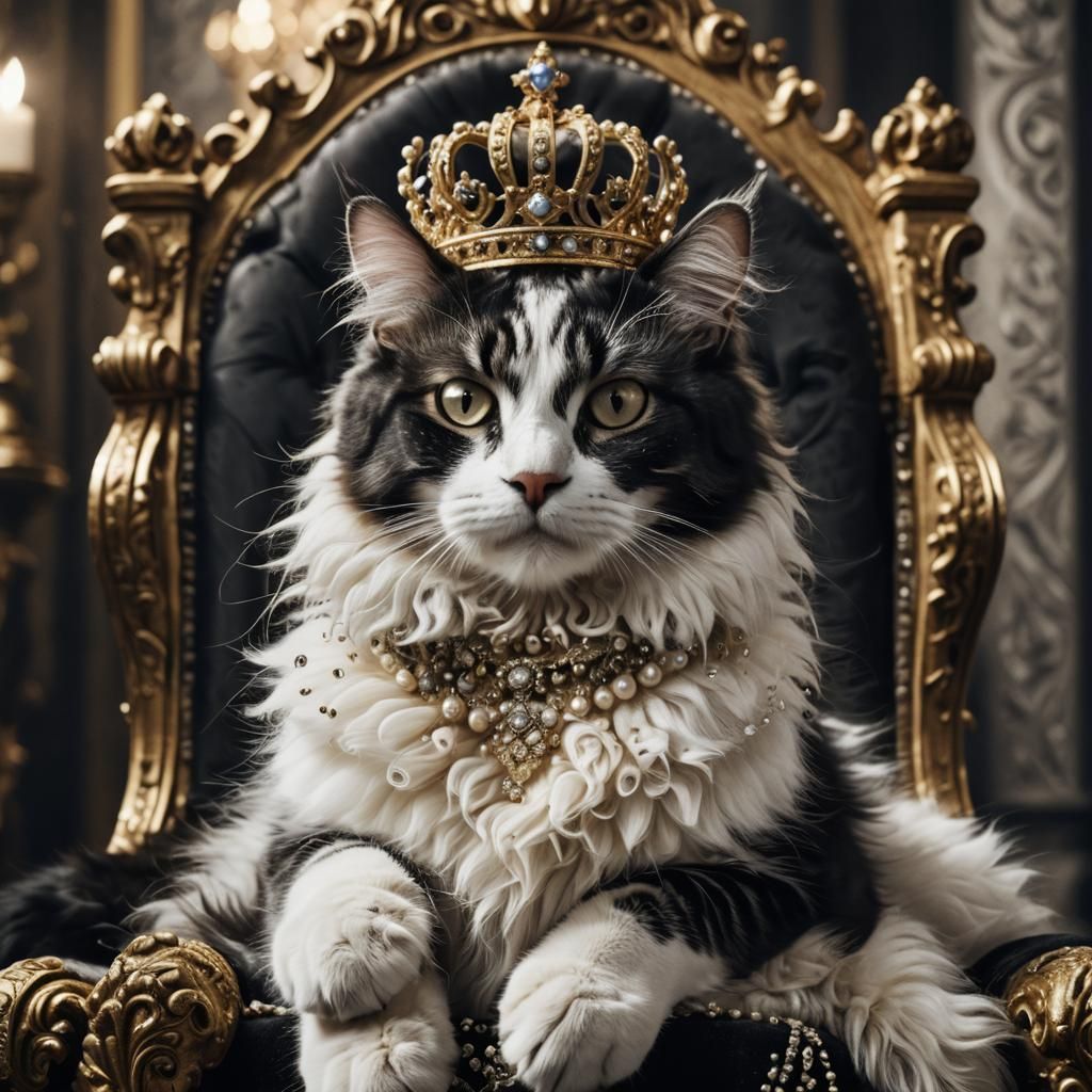 Majestic Cat Queen on Victorian Throne in Baroque Style