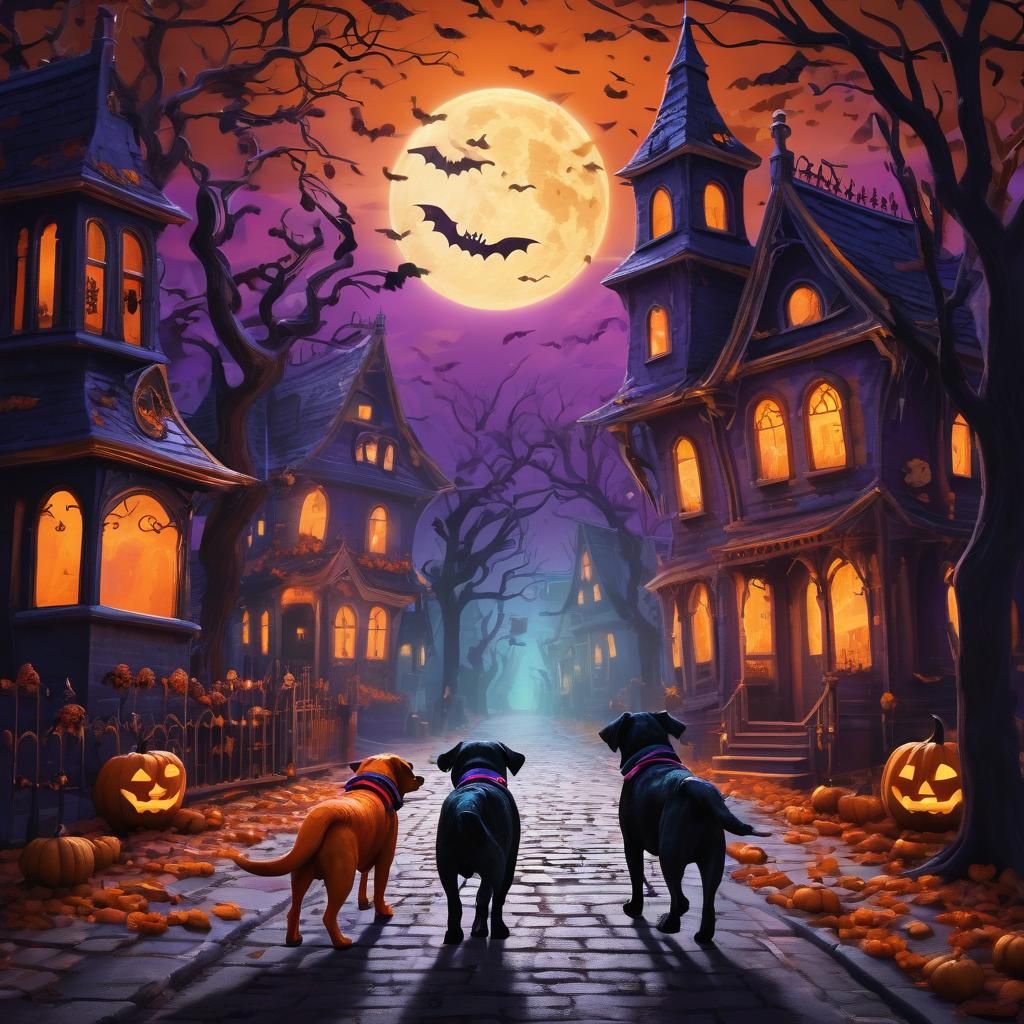 Dogs in Halloween Costumes on Spooky Street