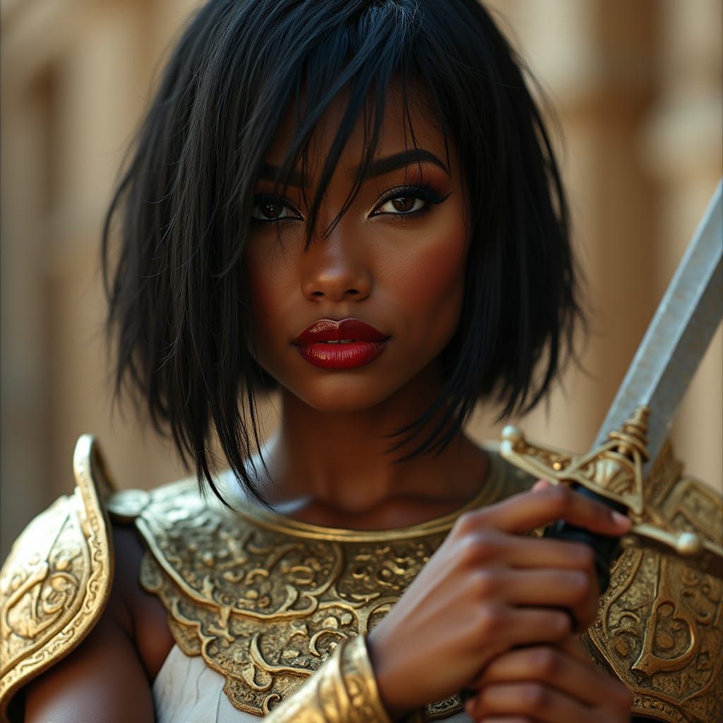 Black Warrior Goddess with Sword in Gold Armor