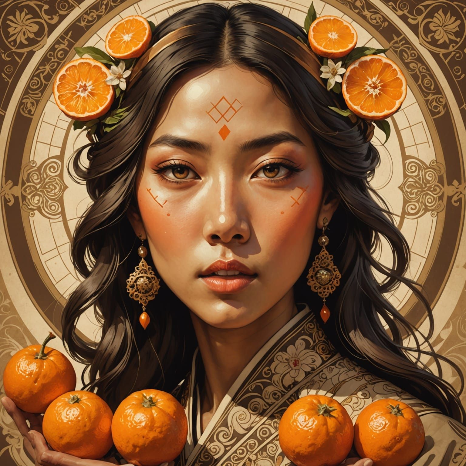 Sepia Portrait of Woman Holding Mandarin