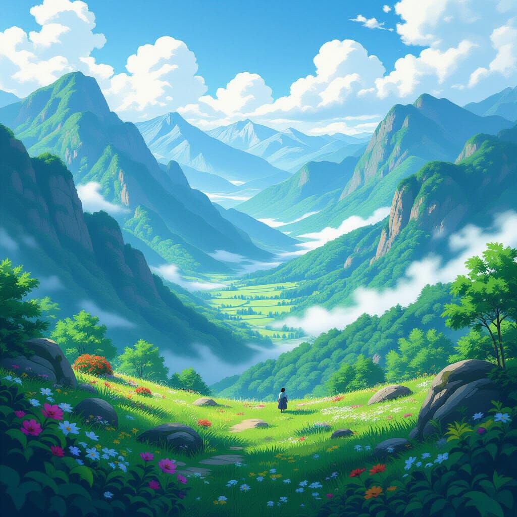Serene Shangri La Valley in Studio Ghibli Anime Style