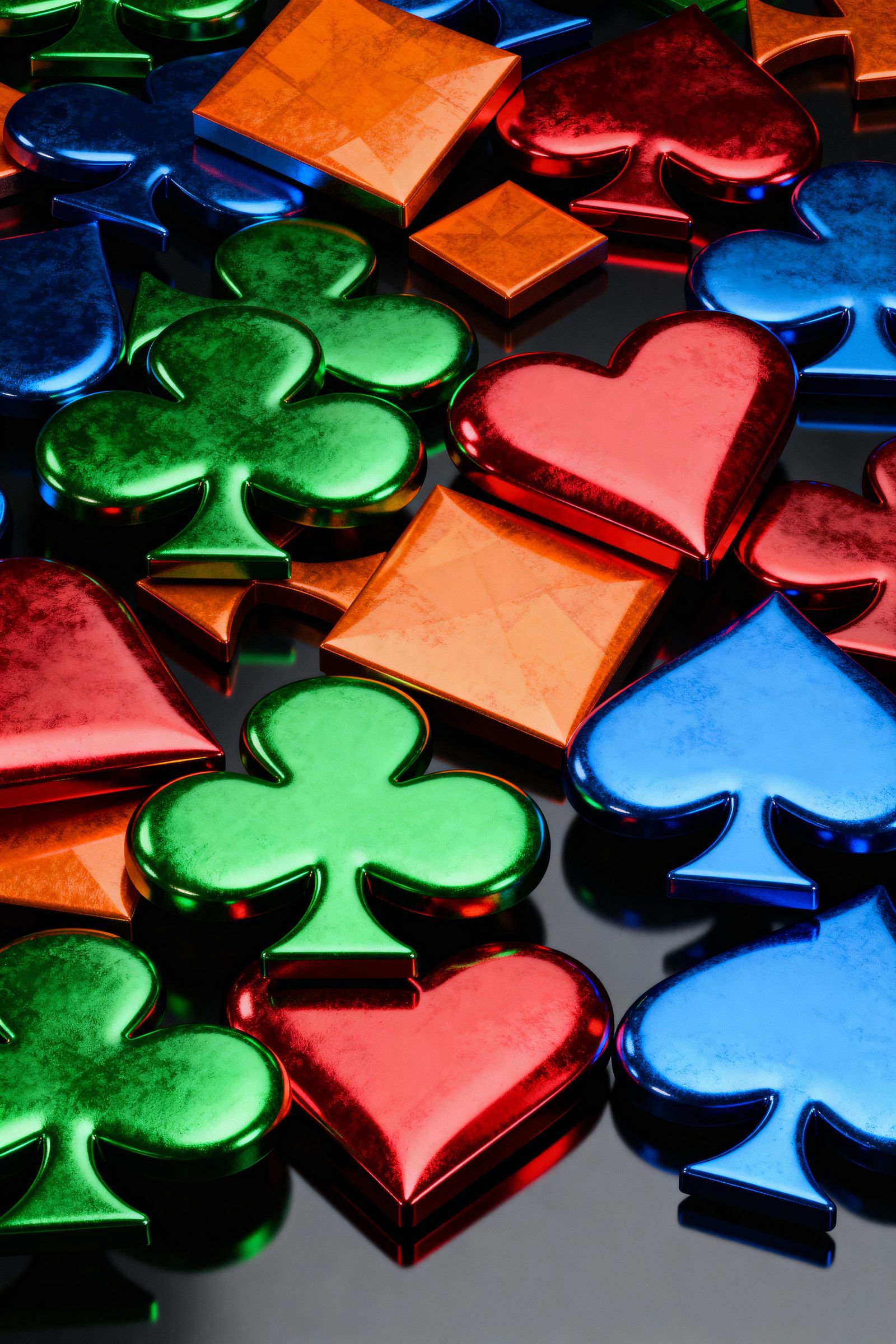 Metallic Playing Card Symbols on Reflective Surface