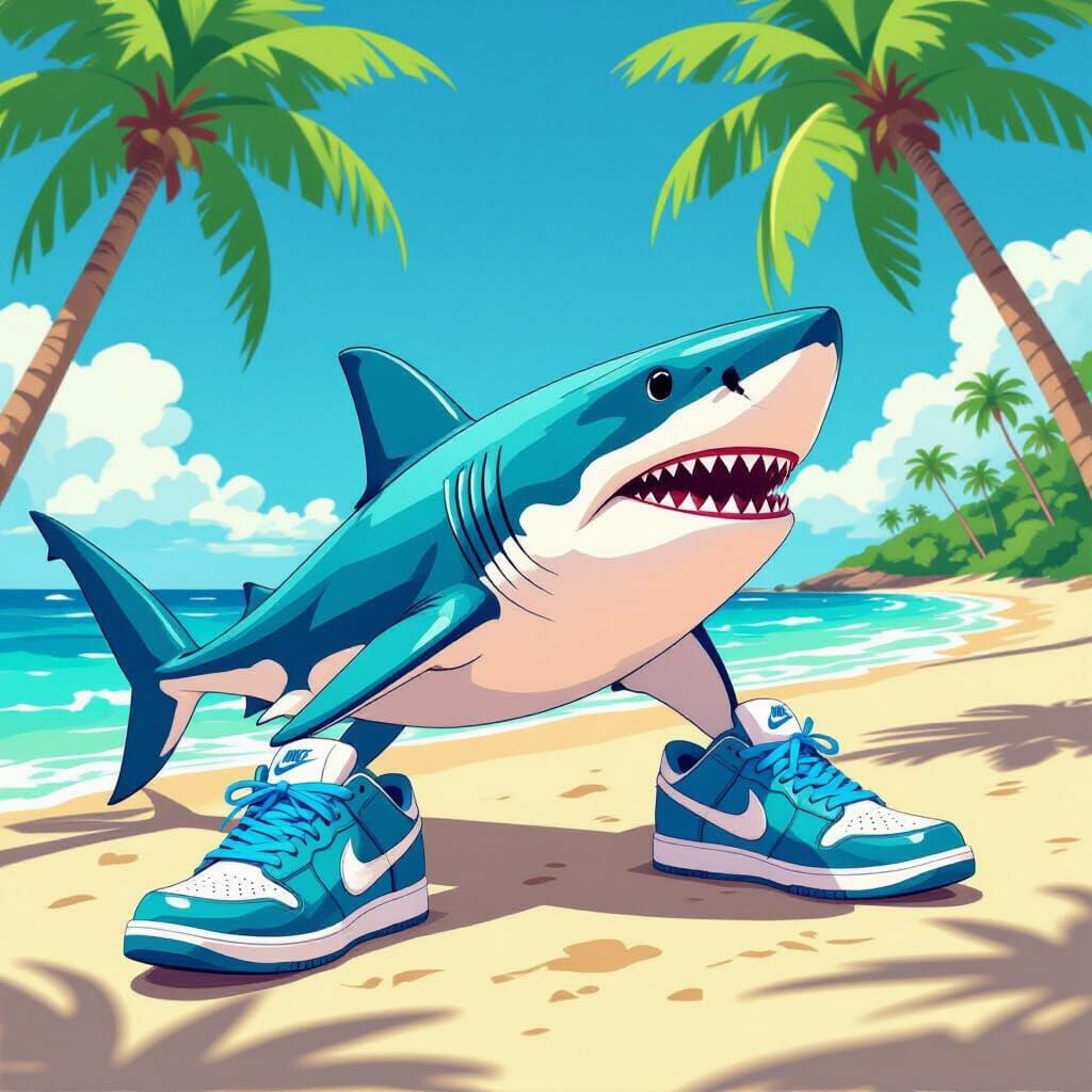 Shark with Blue Shoes on a Sunny Beach