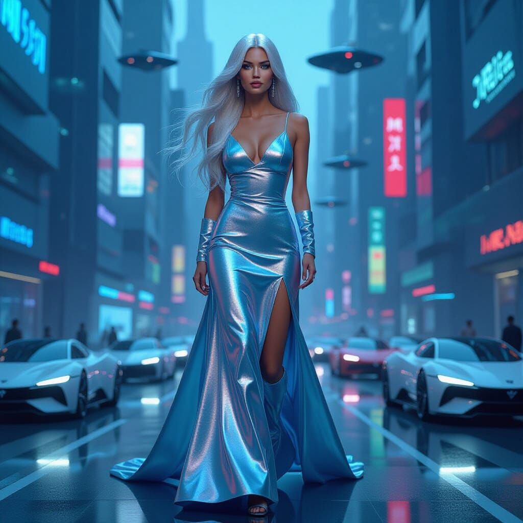 Futuristic Woman in Iridescent Gown, Digital Art