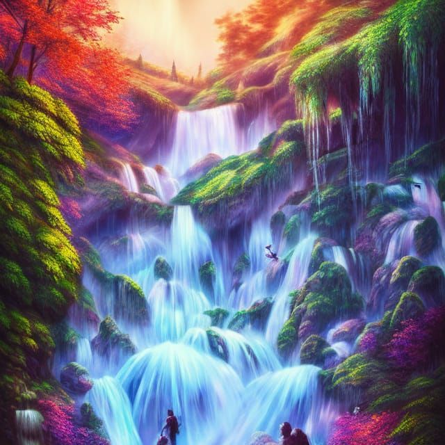 Mysterious Castle Waterfalls with Vibrant Flora: Digital Ill...