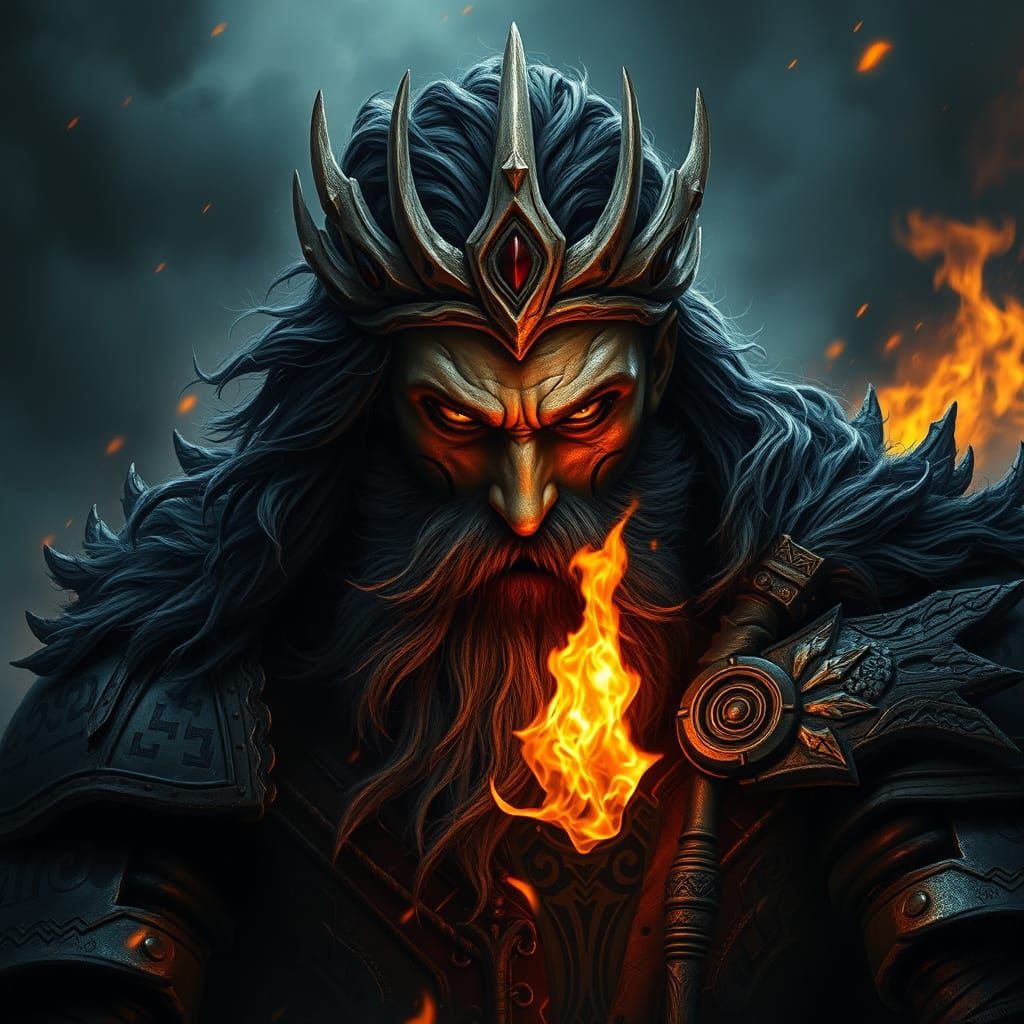 Dark Warrior King with Crown of Bone and Burning Eyes