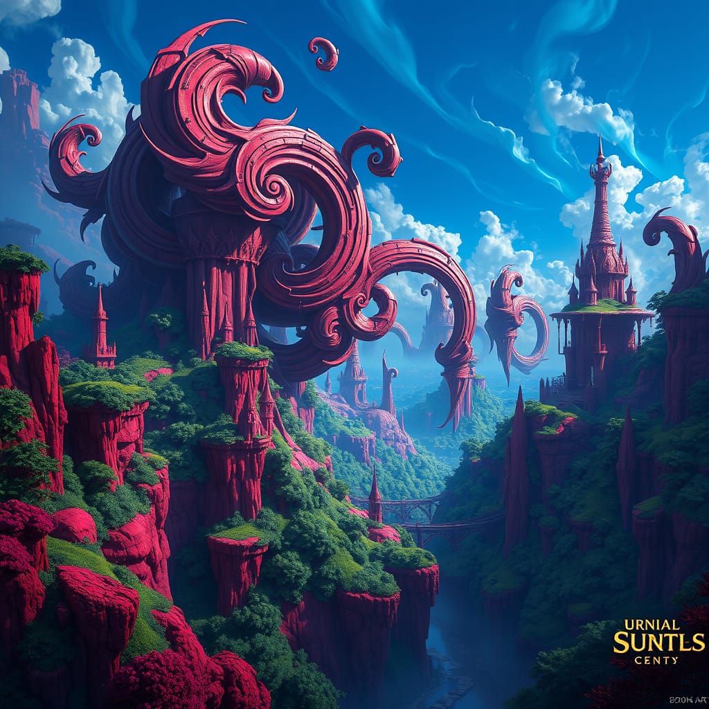 Surreal Crimson Landscape with Swirling Architecture and Eme...