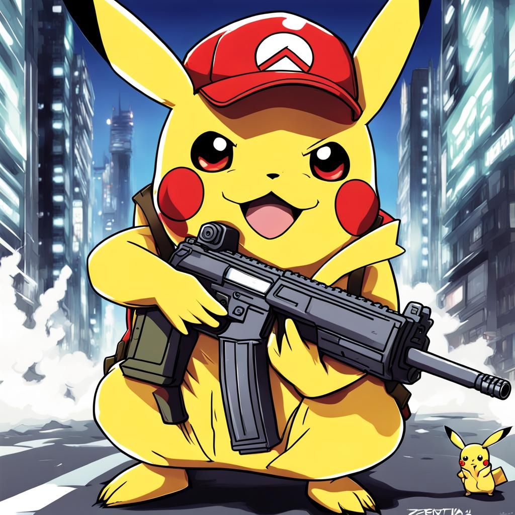 Pikachu with Machine Gun in Anime Style