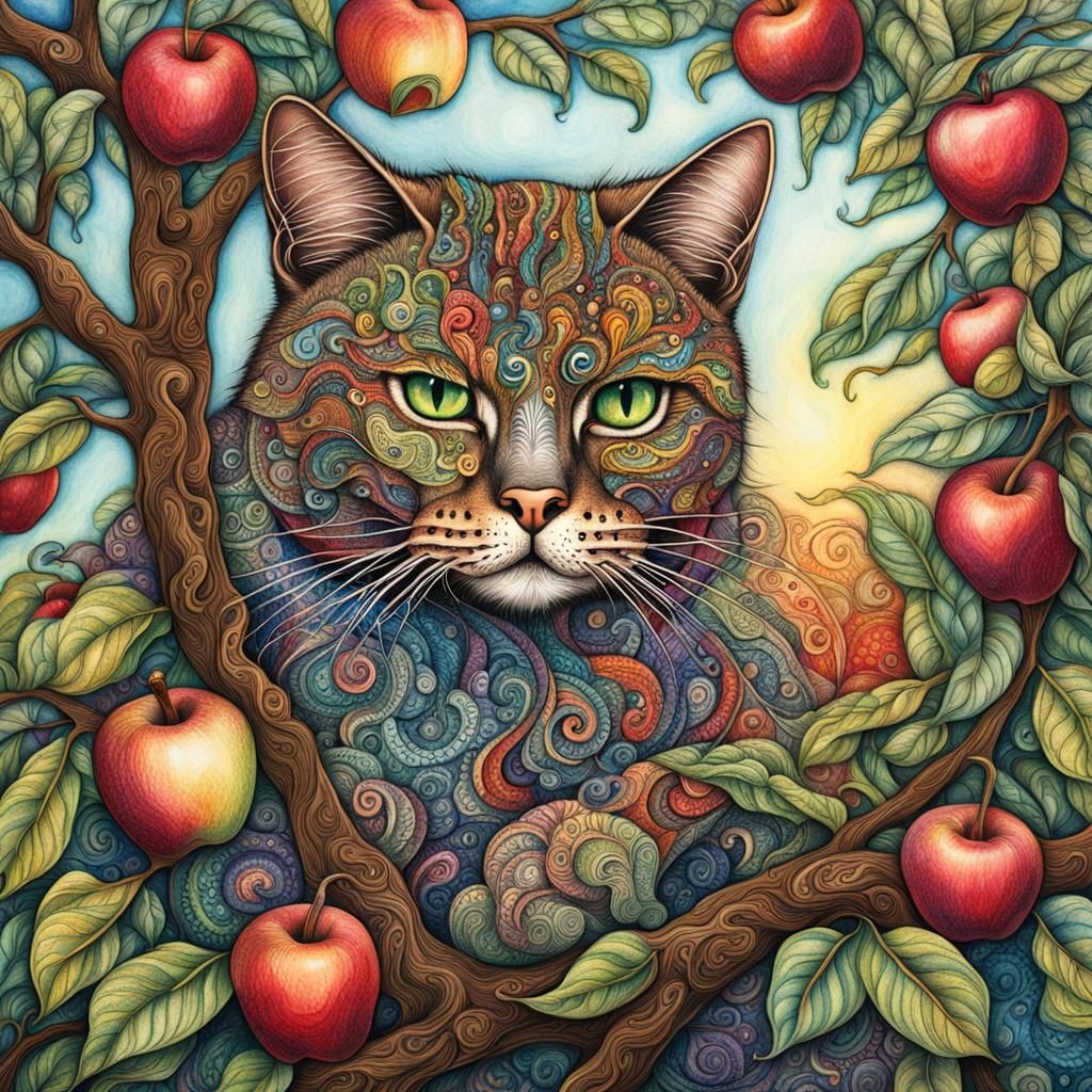 hyper-realistic zentangle cat in an apple tree in the style ...