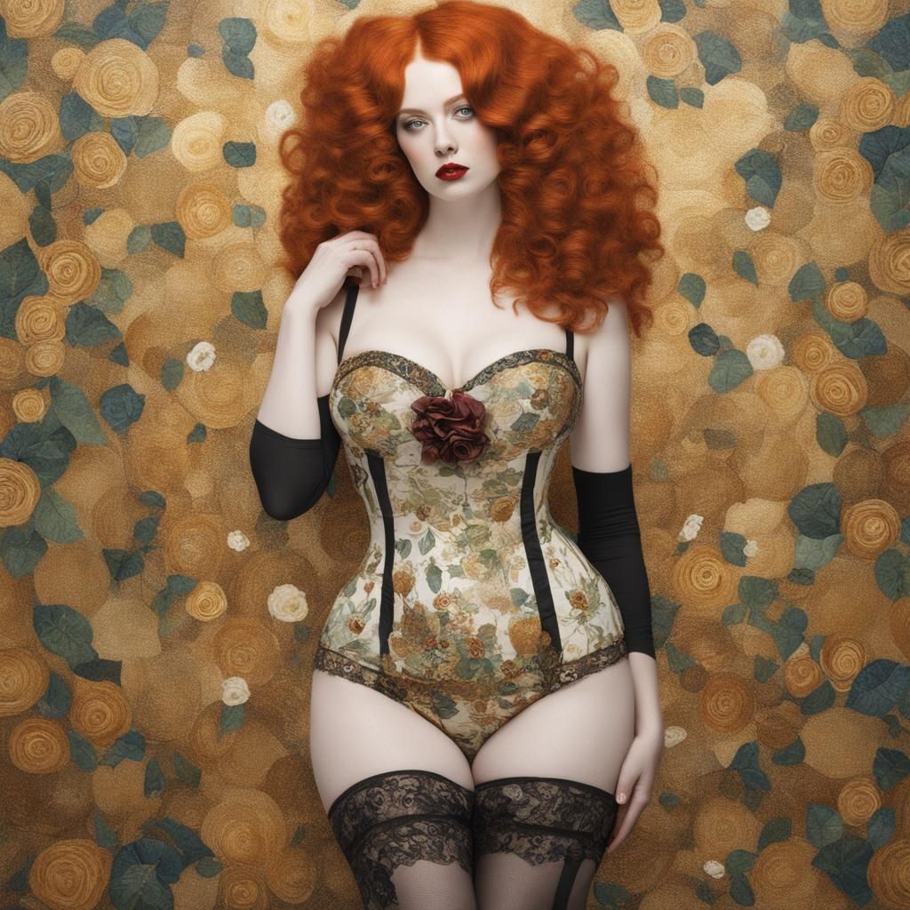 Ornate Portrait of Curvy Redhead in Klimt Style